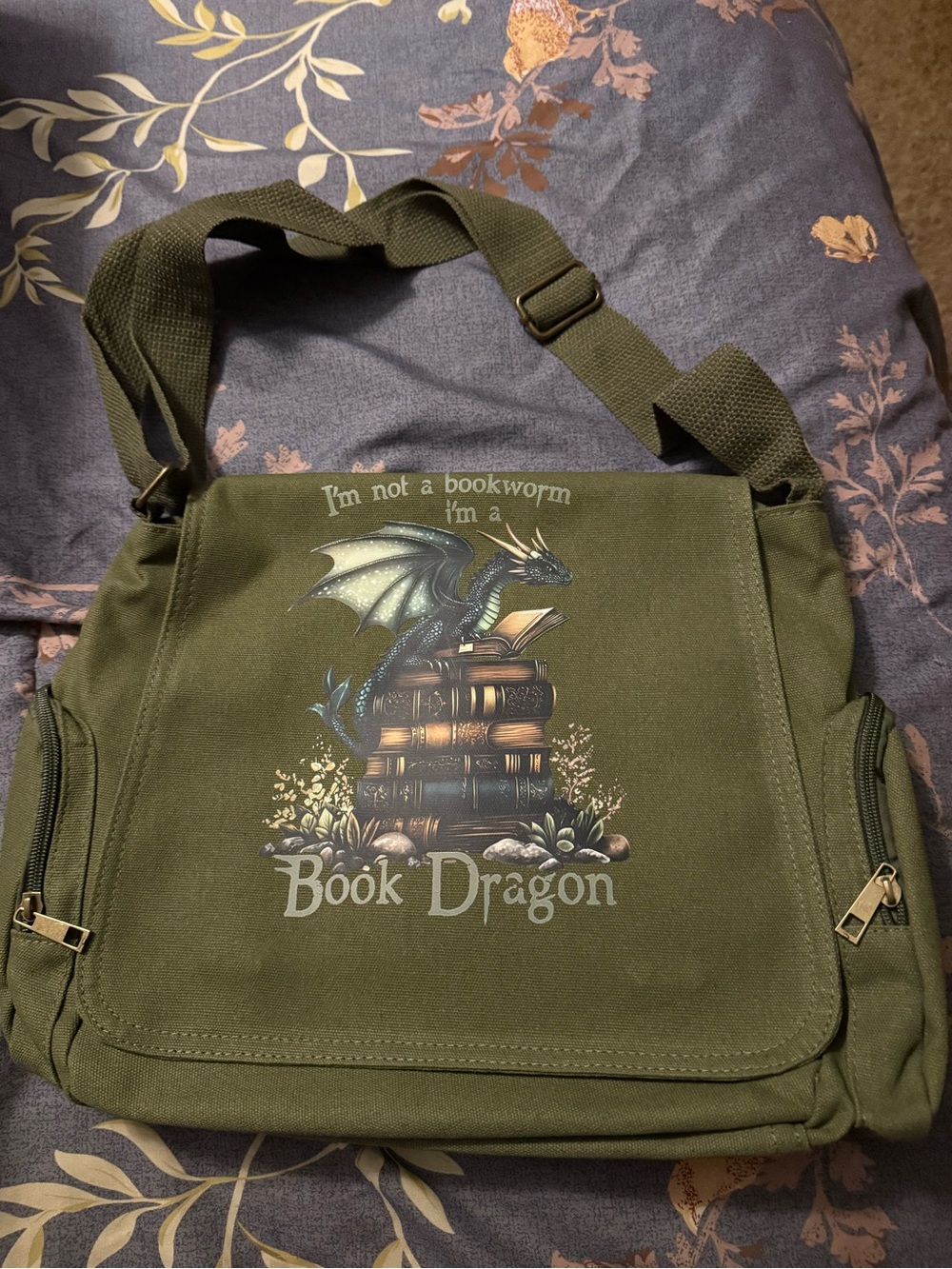 Book Dragon Olive Green Canvas Crossbody Messenger Bag